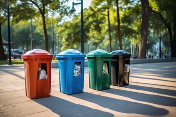 A row of trash cans on the side of a road, promoting environmental consciousness and waste separation - obrazy, fototapety, plakaty