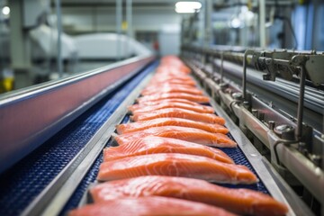 A row of freshly caught salmon being processed at a fish factory - 676930799