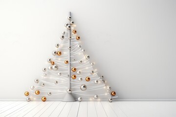 Fancy alternative christmas tree made of multicolored balls, metal and synthetic wire strings on a white background. Sustainable christmas and new year, zero waste, eco friendly concept