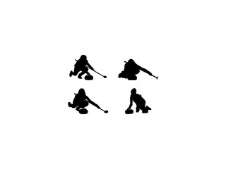 Set of Woman Curling Player Silhouette in various poses isolated on white background