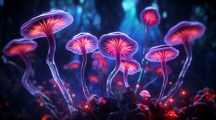 glowing neon mushrooms rod. ai generative
