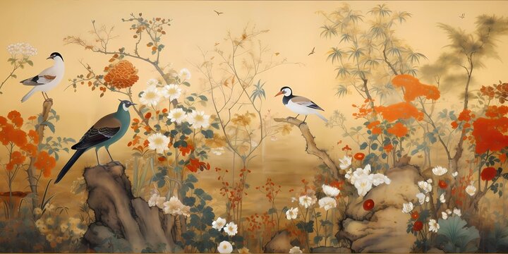 A beautiful asian, chinese art painting. Blossoming gardens, trees and birds. Beautiful asian landscape