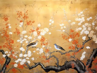 A beautiful asian, chinese art painting. Blossoming gardens, trees and birds. Beautiful asian landscape