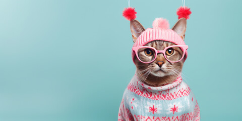 cat in a knitted winter sweater and hat pastel background. ai generative