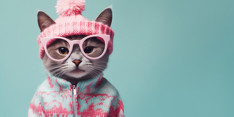 cat in a knitted winter sweater and hat pastel background. ai generative