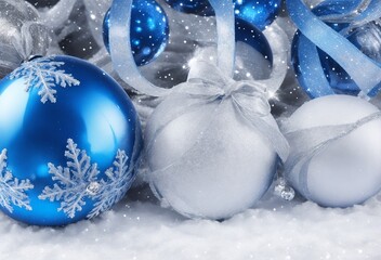 blue christmas balls on snow