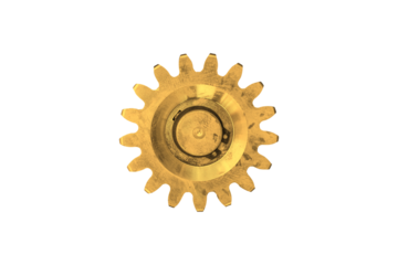 Gold engine gear isolated on transparent background, close-up.