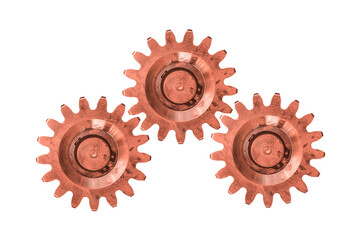 Three copper gears are isolated on transparent background. Cogwheels.