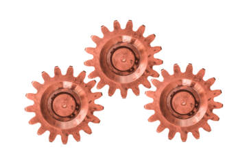 Three copper gears are isolated on transparent background. Cogwheels.