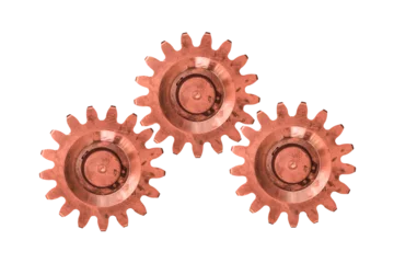 Foto op Plexiglas Three copper gears are isolated on transparent background. Cogwheels. © Dmytro