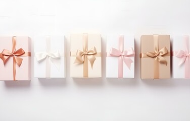 white, beige and pink gift boxes with tape bow on white wooden table with golden glitter soft light top view, for christmas or birthday card decor