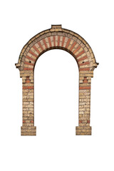 Arched antique doorway frame with a free space in a brick wall is isolated on transparent background.