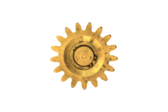 Gold engine gear isolated on transparent background, close-up.