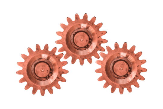 Three copper gears are isolated on transparent background. Cogwheels.