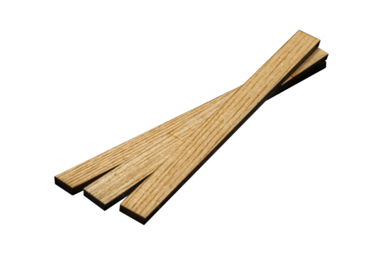Three small planks or plywood wooden details is isolated on transparent background.