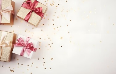 Obraz na płótnie Canvas white, beige and pink gift boxes with tape bow on white wooden table with golden glitter soft light top view, for christmas or birthday card decor