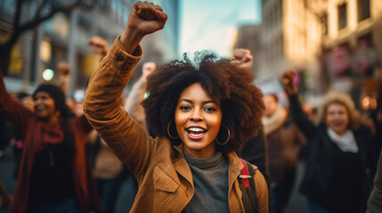 black woman raises her fist in the air and marches in protest with a group of people. ai generative