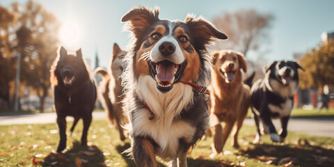 A group of young cheerful dog walkers in the park are having fun while walking their dogs on a beautiful day in the park. ai generative