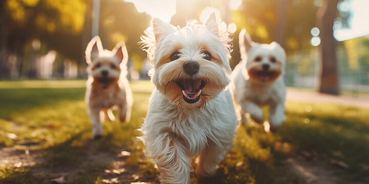 A group of young cheerful dog walkers in the park are having fun while walking their dogs on a beautiful day in the park. ai generative