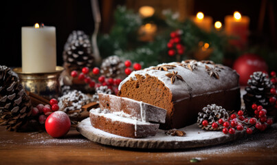 Fototapeta na wymiar pain d'épices sur une table de Noël, recouvert de sucre glace pour faire la neige