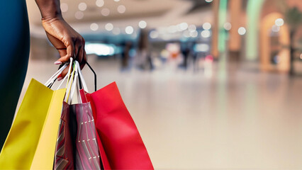 Close na mão de uma mulher carregando sacolas de compras em um ambiente de shopping. - obrazy, fototapety, plakaty