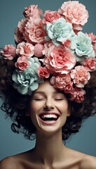 Naklejka premium Cheerful and Stylish Woman with Flower Bouquet Hat, Radiating Joy on a Solid Background