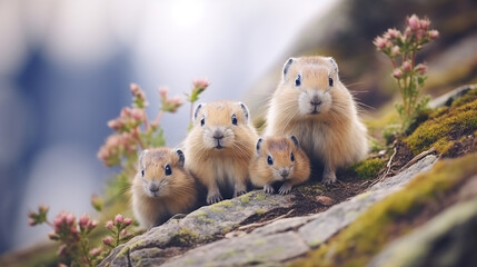 A family of lemmings sits on a stone and looks at the camera. Wildlife scene from nature. Animal in the nature habitat.