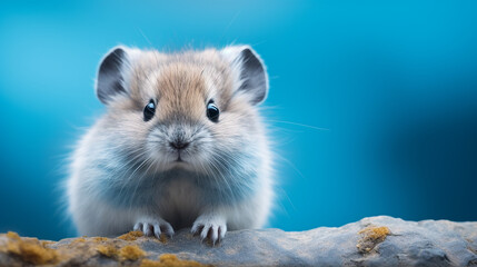 Lemming standing on a rock and looking at the camera with a blue background. Wildlife scene from nature. Animal in the nature habitat.