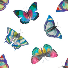 colorful butterflies hand drawn in watercolor, seamless pattern for wallpaper design