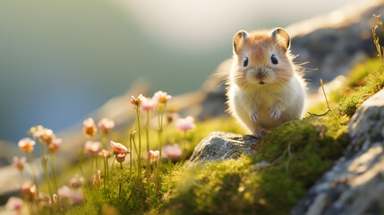 Cute little lemming sitting on a rock with pink flowers. Wildlife scene from nature. Animal in the nature habitat.