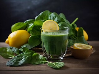 Fototapeta premium A fresh antioxidant drink, a bowl of spinach leaves and a slice of lemon on the table, AI generator