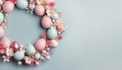 wreath shaped with colorful pastel eggs and flowers branches  ,top view , with copy space background 
