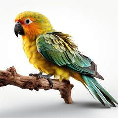 A yellow and green bird sitting on a branch.