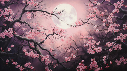 beautiful sakura branches and moonlight. ai generative