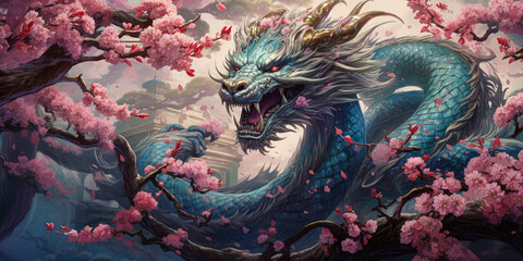 Fototapeta na wymiar Chinese dragon between the branches of cherry blossoms. ai generative