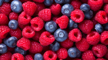 fresh and ripe raspberries and blueberries close-up background