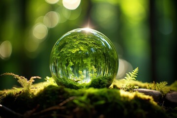 Earth Day. Green Globe in Enchanting Forest - Embracing Natures Beauty with Abstract Sunlight