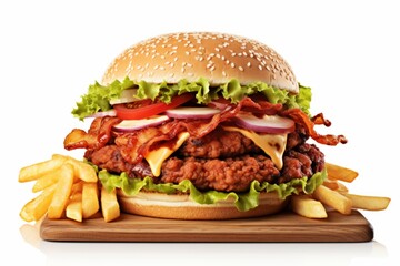 Delicious Double Cheeseburger with Crispy French Fries, Isolated on Clean White Background