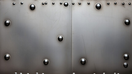 weathered and brushed stainless metal sheet with rivets and rusty smudges background