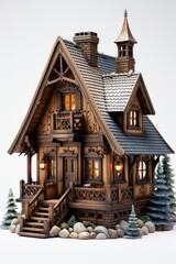 Fototapeta premium A small wooden house with a steeple on the roof. Realistic clipart on white background