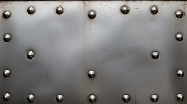 weathered and brushed stainless metal sheet with rivets  and rusty smudges background