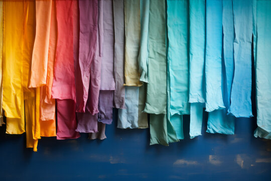 Hand, traditional fabric dyeing. Colorful fabric that dries.