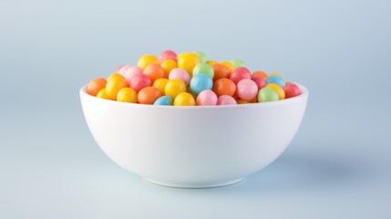 A white bowl filled with lots of colorful candy.