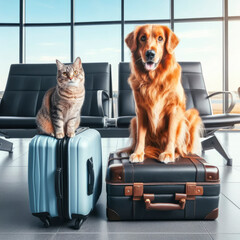 concept of traveling with animals. kitten and dog with suitcases at the airport. ai generative