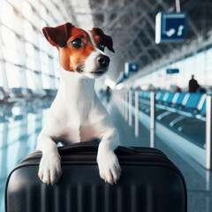 concept of traveling with animals. dog with suitcase at the airport. ai generative