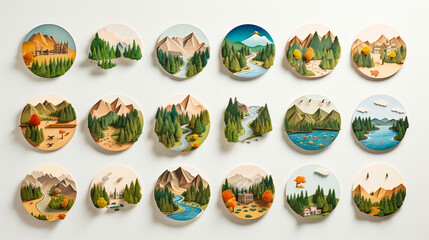 Fototapeta na wymiar set of round icons with various landscapes