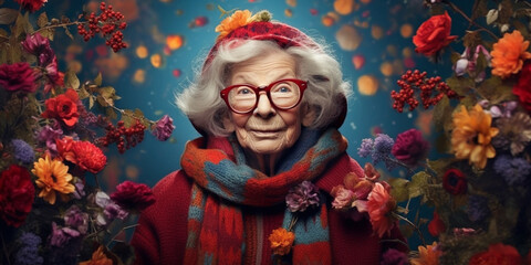 Fototapeta premium Quirky Grandmother Rocks Fashionable Glasses and Floral Crown in Playful Portrait Brimming with Eccentricity and Style, AI generated
