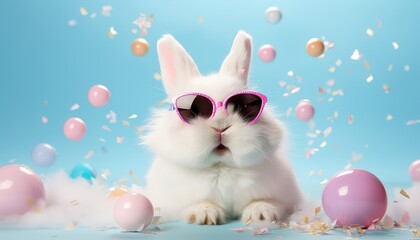 domestic  attractive bunny with sunglasses,dreamlike  with balls  falling the background 