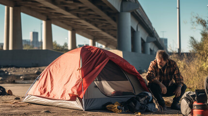 homeless man near a tent under a bridge. ai generative - obrazy, fototapety, plakaty
