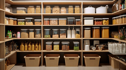 storage space in the house, management organization, home interior design, pantry, shelf and storage space for food and other things in the kitchen. ai generative - obrazy, fototapety, plakaty
